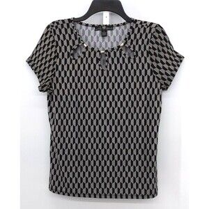 80 Park Blouse Womens Size M Black White Geometric Keyhole Neck Pullover Top